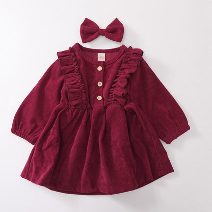 Ropa de niña, vestido de pana con encaje dulce, conjunto de dos piezas con pinza para el cabello con lazo para niña, 0,23 kg 