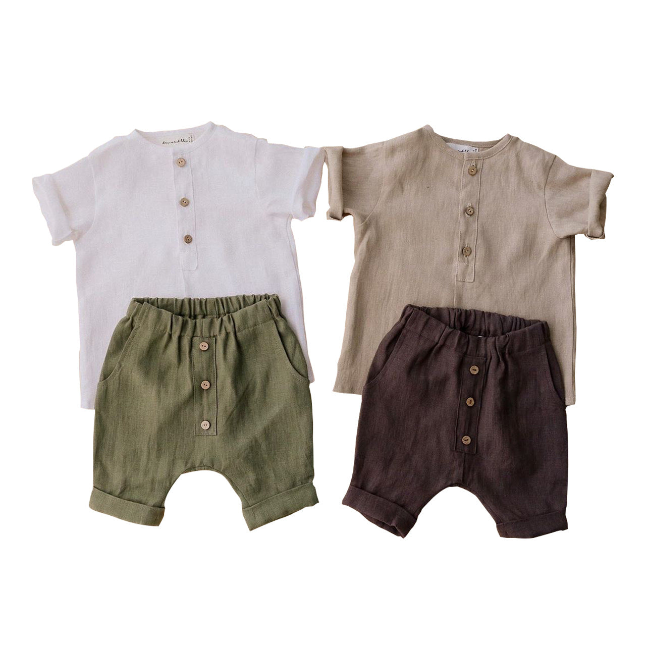 Summer Cotton and Hemp Boys' Khaki Grey Set Solid Short sleeved Pants Set Two Piece Set Single breasted T-shirt Instagram Popular