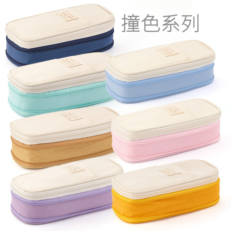 Un estuche para lápices de estilo japonés y coreano en colores macarrones a juego se puede transformar en un estuche para lápices de papelería mejorado de gran capacidad. 