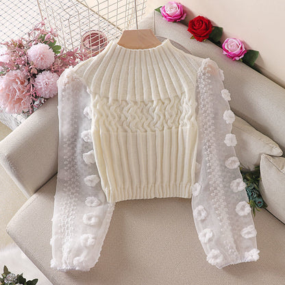 Korean version of knitted sweater, new hot selling shirt with bubble sleeves, sweet flower half high collar short jacket, autumn and winter base shirt for women 0.3kg