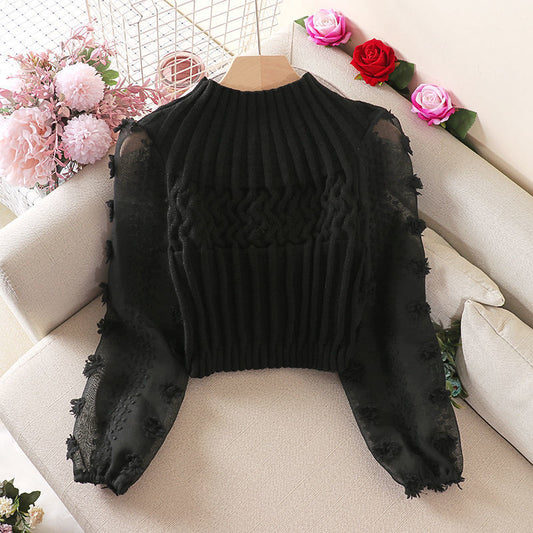 Korean version of knitted sweater, new hot selling shirt with bubble sleeves, sweet flower half high collar short jacket, autumn and winter base shirt for women 0.3kg