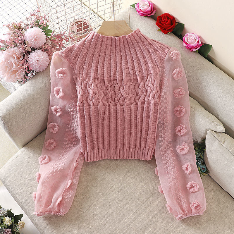 Korean version of knitted sweater, new hot selling shirt with bubble sleeves, sweet flower half high collar short jacket, autumn and winter base shirt for women 0.3kg