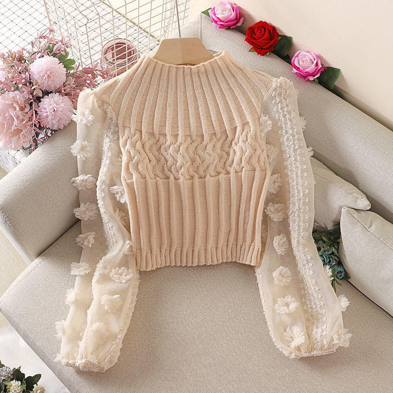 Korean version of knitted sweater, new hot selling shirt with bubble sleeves, sweet flower half high collar short jacket, autumn and winter base shirt for women 0.3kg