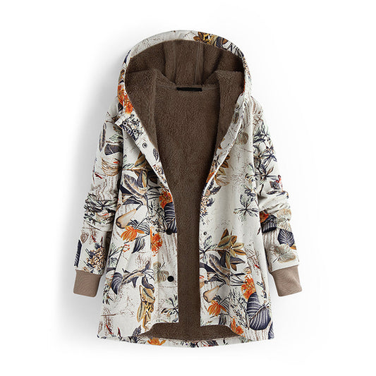 Cotton and linen printed velvet hooded single-breasted women's jacket