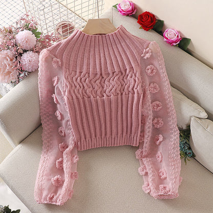 Korean version of knitted sweater, new hot selling shirt with bubble sleeves, sweet flower half high collar short jacket, autumn and winter base shirt for women 0.3kg