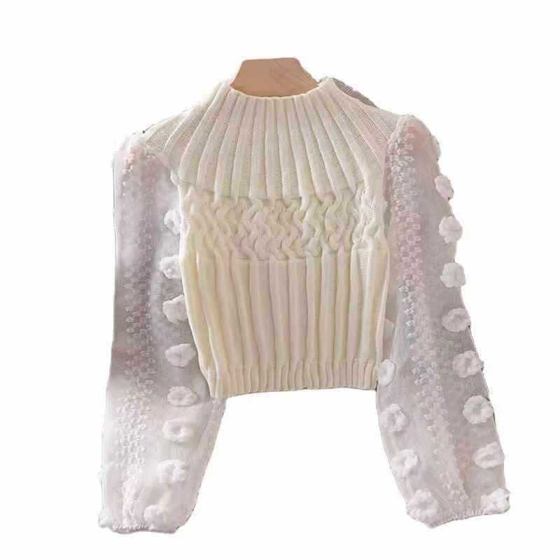 Korean version of knitted sweater, new hot selling shirt with bubble sleeves, sweet flower half high collar short jacket, autumn and winter base shirt for women 0.3kg