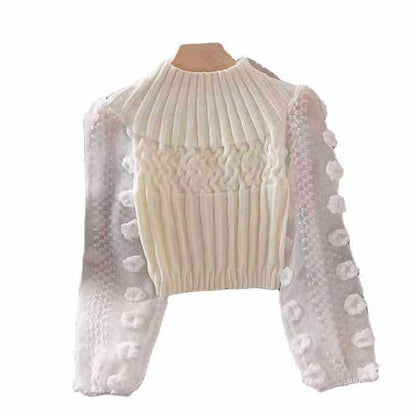 Korean version of knitted sweater, new hot selling shirt with bubble sleeves, sweet flower half high collar short jacket, autumn and winter base shirt for women 0.3kg