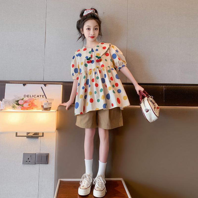 P girls summer suit, little girls new summer doll shirt, short sleeved, fashionable, casual shorts, two-piece set, trendy