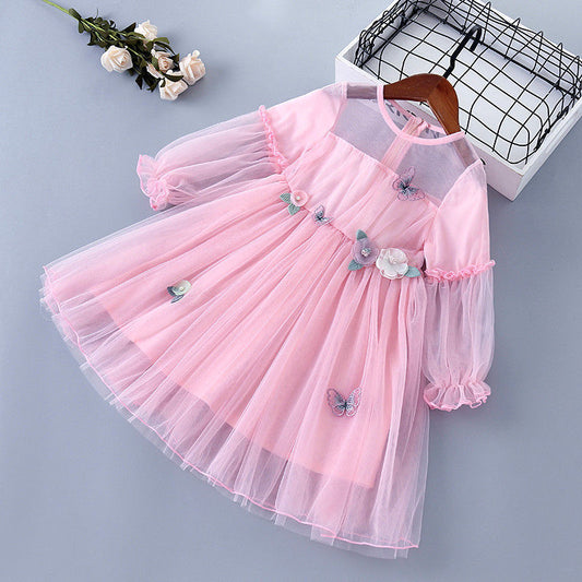 Spring and autumn children&#039;s gauze dress princess skirt long sleeve gauze skirt girl super fairy maiden fluffy skirt foreign trade