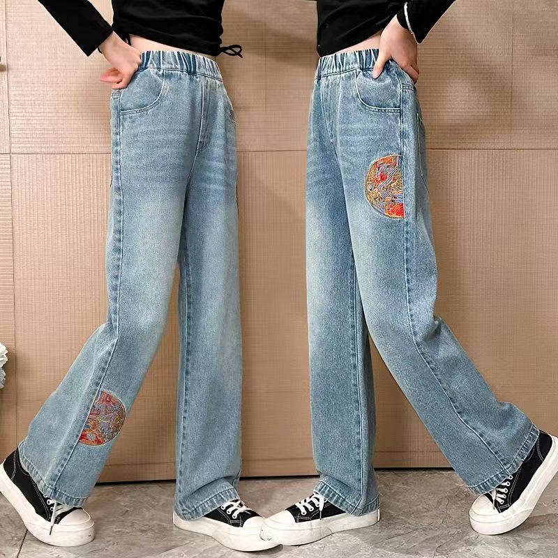 P girls spring and autumn jeans wide-leg pants 2024 new girls Korean version loose fashion foreign style middle-aged pants tide