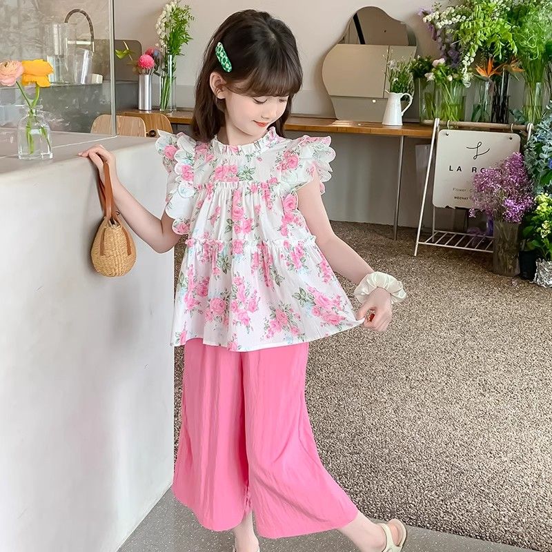 P Girls' Summer Set 2024 New Western Style Children's Summer Internet Popular Fashionable Children's Clothing Little Girl Sleeveless Two Piece Set