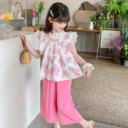 Conjunto de verano para niñas P 2024 Nuevo estilo occidental Internet de verano para niños Ropa de moda popular para niños Conjunto de dos piezas sin mangas para niñas pequeñas 