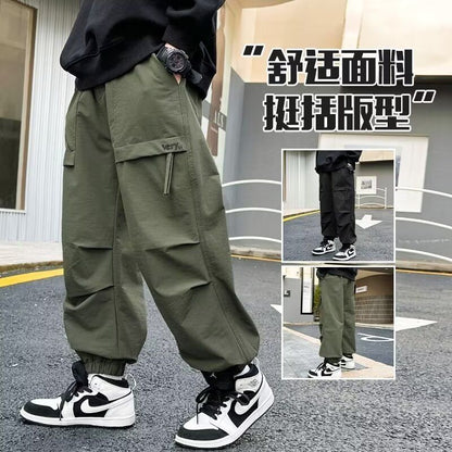 P children's spring and autumn boys' pants 2024 new medium and older children's overalls spring boys pure cotton sports loose trousers