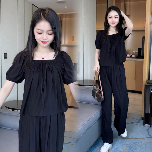 P high-end casual temperament shirt and pants two-piece set for women's 2023 summer fashionable age reducing bubble sleeve top set