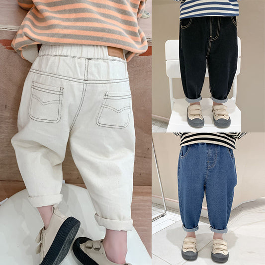 P boys spring and autumn clothing popular foreign jeans new spring clothing children girls older children sports pants dad pants