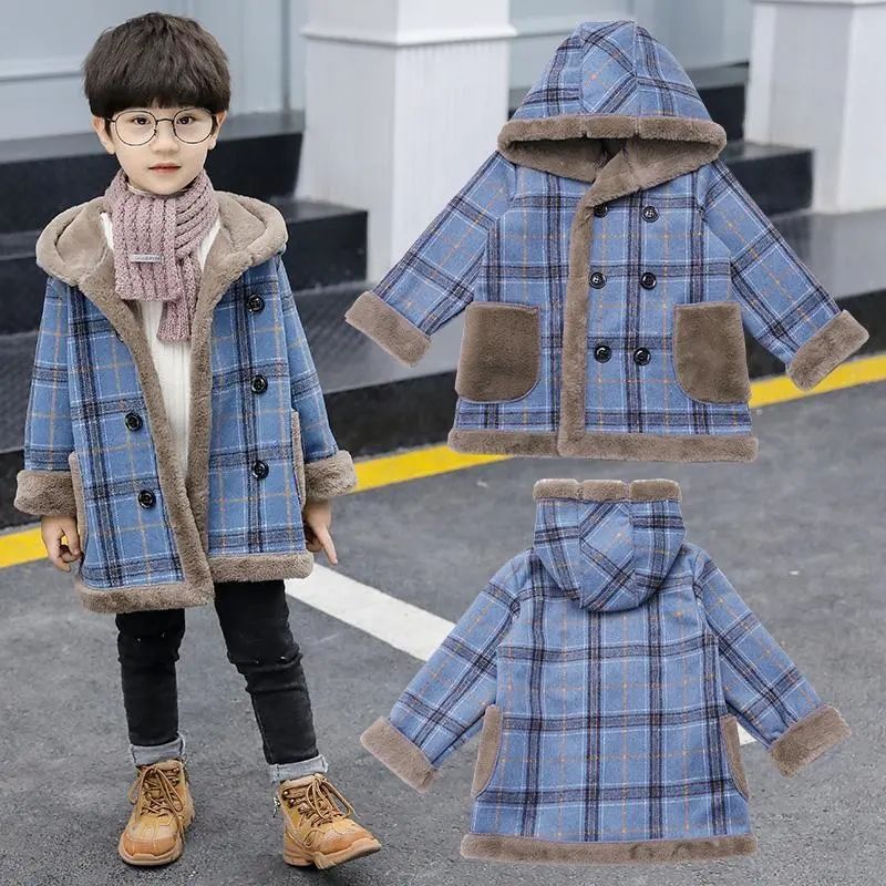 woolen coat for boys and girls, velvet thickened hooded coat