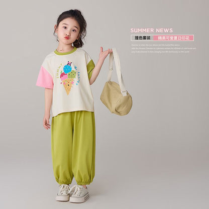 P Ohm Bear Girl Color Contrast Set 2024 Summer New Girl Thin Casual Sports Two Piece Set with Western Style