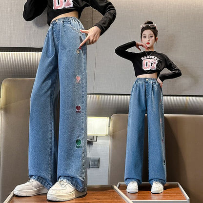 P girls jeans 2024 spring and autumn new girls Korean wide-leg pants medium and older children's foreign loose casual straight-leg pants