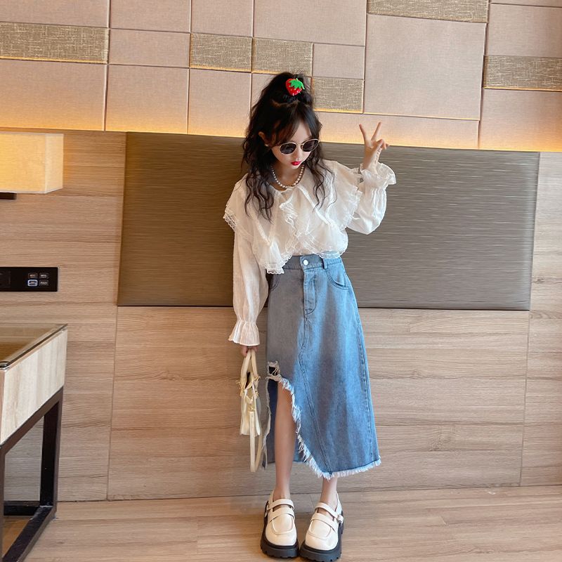 Girls Fashion Set 2024 New Western Style Big Boy Denim Skirt Set Trendy Internet Red Fashion Skirt Korean Edition