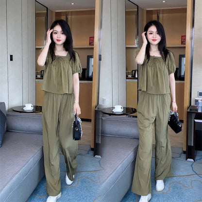 P high-end casual temperament shirt and pants two-piece set for women's 2023 summer fashionable age reducing bubble sleeve top set