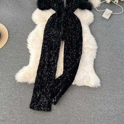 Light luxury and elegant temperament jumpsuit, women's ins, wearing European and American style, shoulder hair, hair stitching, sequins, slim pants