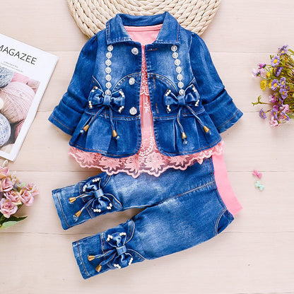 Baby girl spring cowboy three-piece suit 1-2-3-4 years old girl spring and autumn cowboy baby girl tide suit