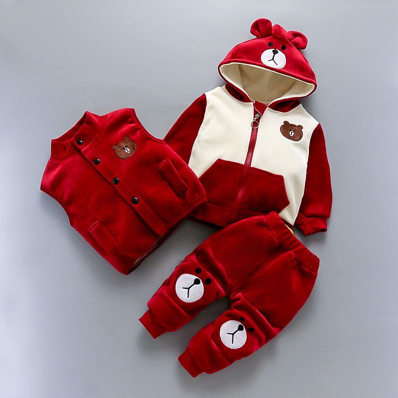 P Boys and girls 2024 winter clothes new set fleece thickened warm three-piece set baby children sweater winter clothes