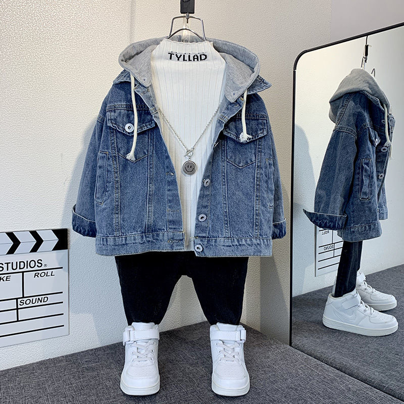 P boys denim jacket spring and autumn fried street top 2024 new foreign style medium and old children's hooded loose boys clothes