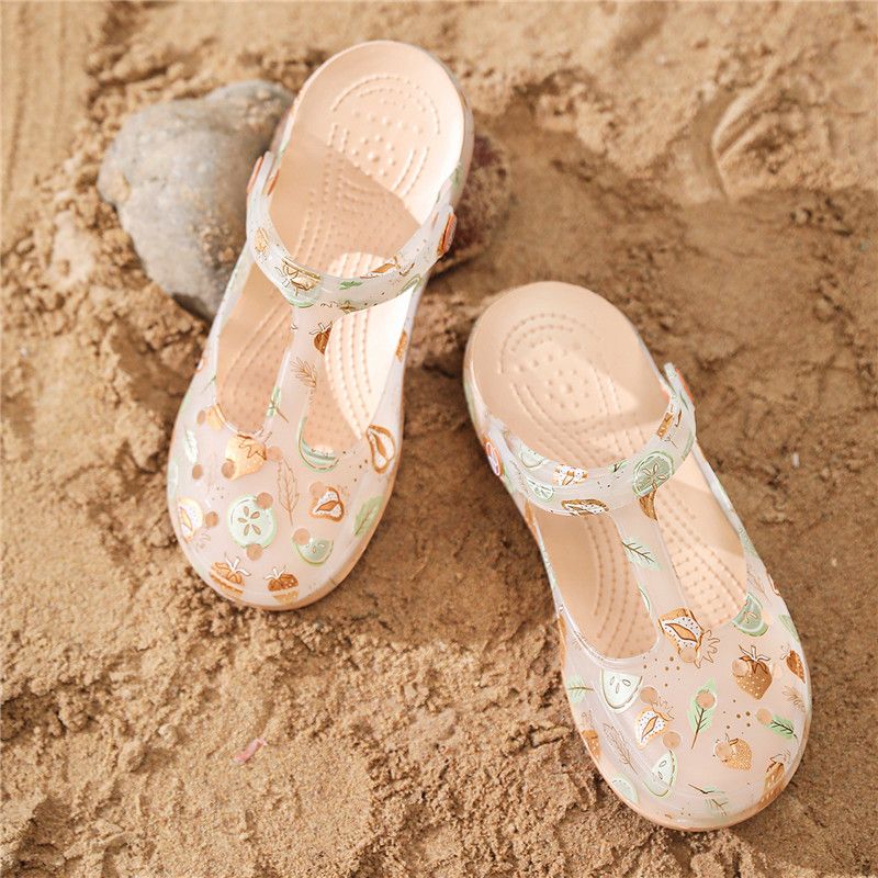 P 2024 Zapatos con agujeros para mujer, suela gruesa de verano, zapatos de gelatina, pies antiolor, pantuflas Tutou para uso externo, zapatos de playa transpirables de dos usos 