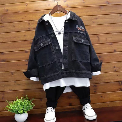 P children's clothing boys denim jacket spring and autumn 2023 boys middle-aged and older children's trendy casual jacket trendy children's loose denim