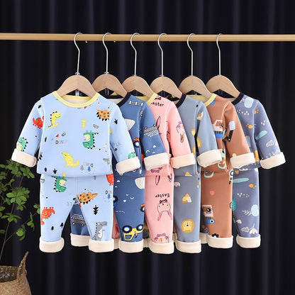 P children's thermal underwear set fleece thickened boys and girls long johns baby pajamas children's underwear winter