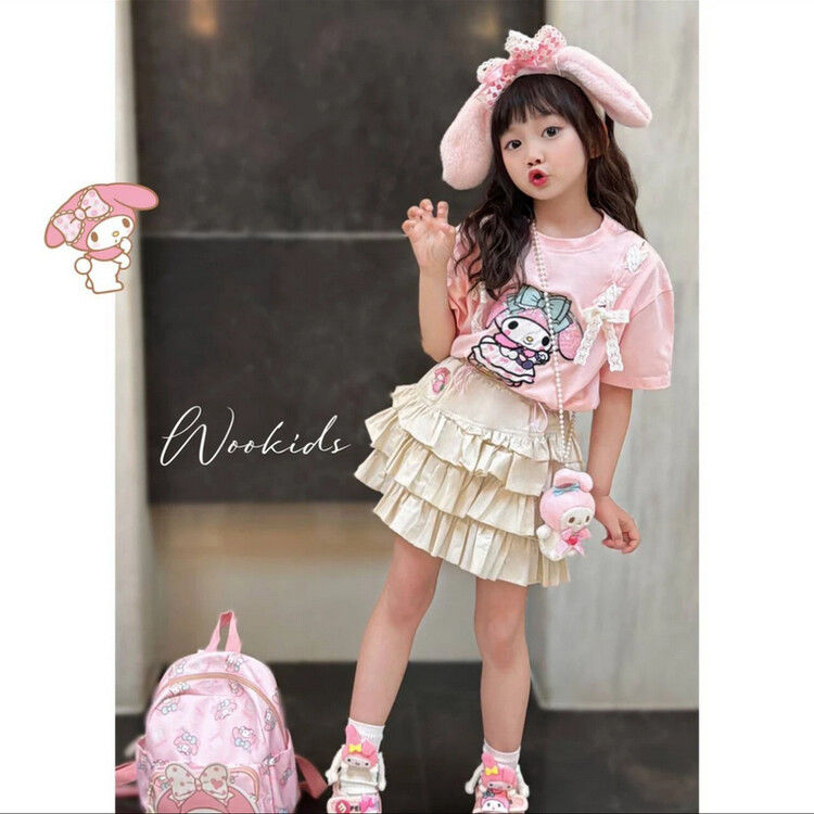 Traje de algodón Melody para niñas P 2024 Nueva ropa de verano Atmósfera extranjera Linda camiseta de manga corta Falda corta Ropa para niños 