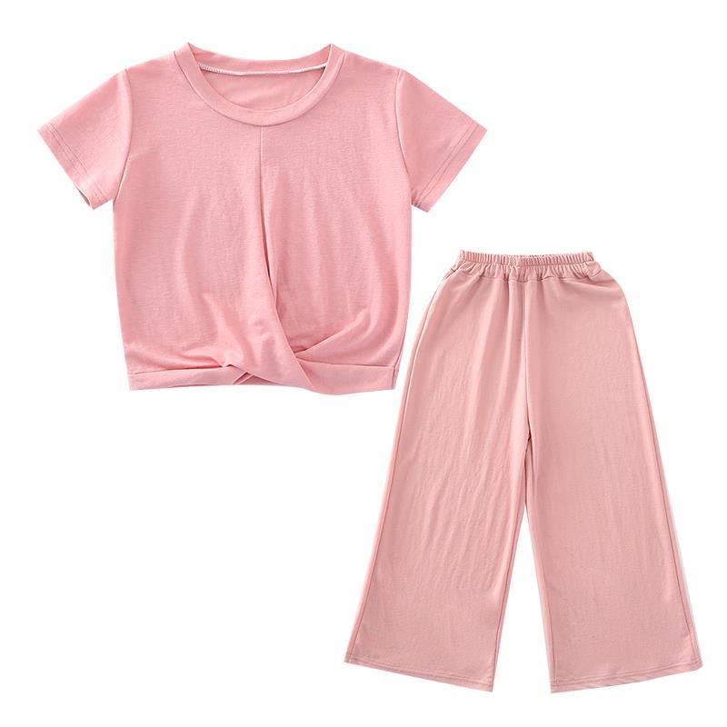 P Girls' summer suits, foreign fashion, Internet celebrity children's clothes, 2024 middle-aged and older children's girls, short-sleeved wide-leg pants two-piece set