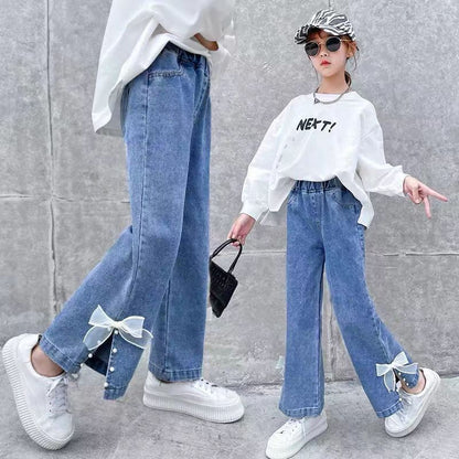 P girls jeans 2024 spring and autumn new girls Korean wide-leg pants medium and older children's foreign loose casual straight-leg pants