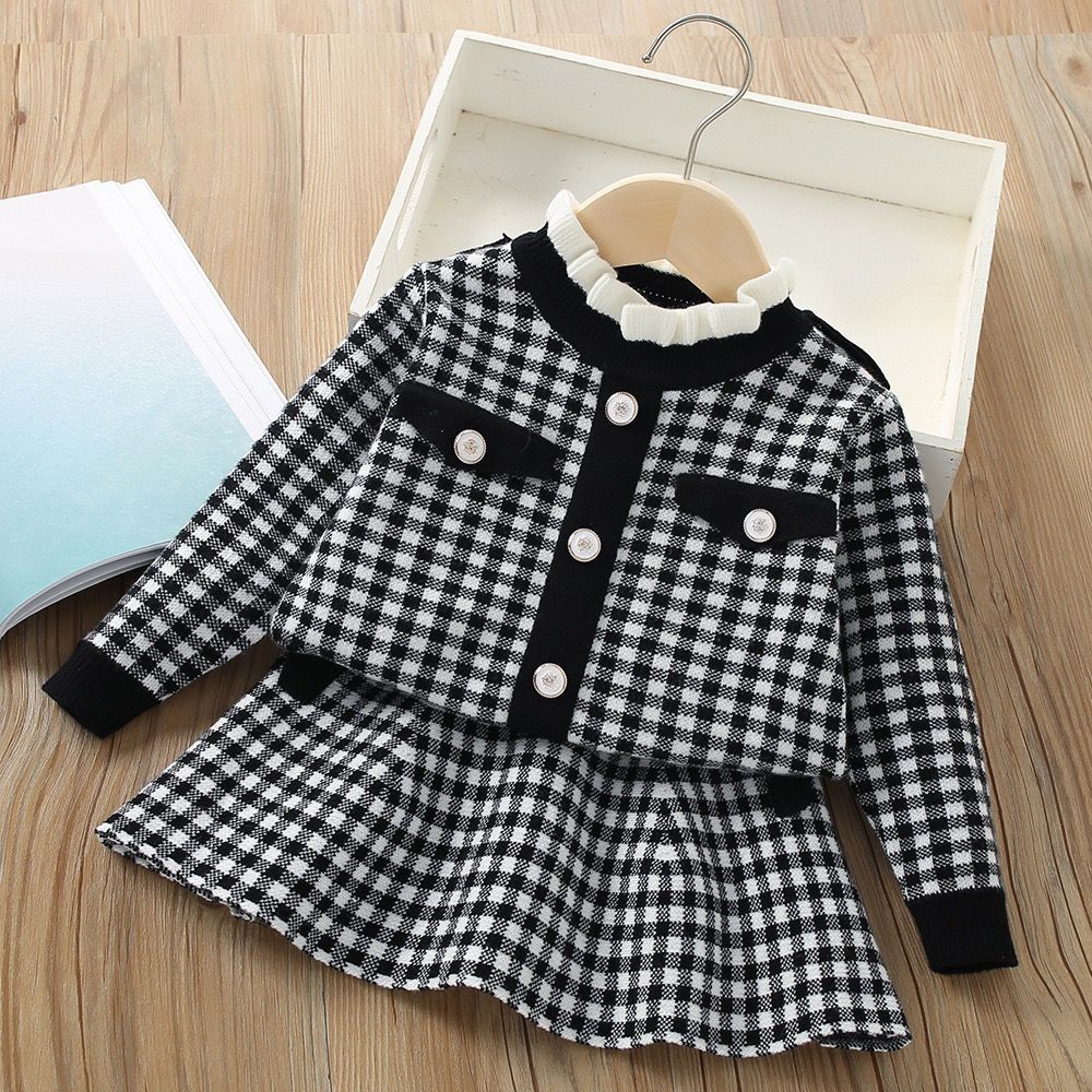 Girl's sweater set autumn and winter new Korean style western-style baby girl plaid small fragrant style knitted two-piece dress