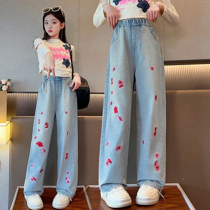 P girls jeans 2024 spring and autumn new girls Korean wide-leg pants medium and older children's foreign loose casual straight-leg pants