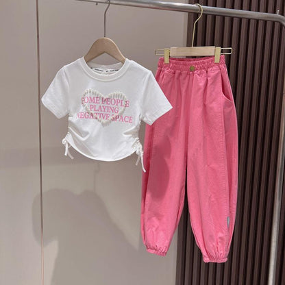 Conjunto de camiseta y pantalones bombachos con letras de amor de moda de edición coreana de verano para niñas P 2024, nuevos pantalones de verano para niñas 