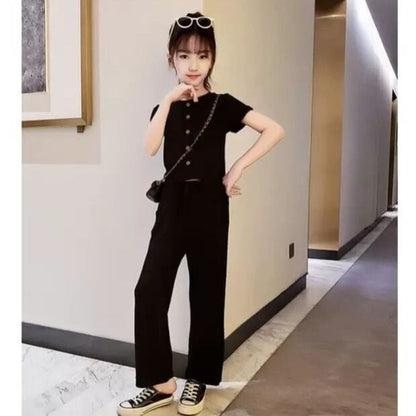 P Girls' summer suits, foreign fashion, Internet celebrity children's clothes, 2024 middle-aged and older children's girls, short-sleeved wide-leg pants two-piece set