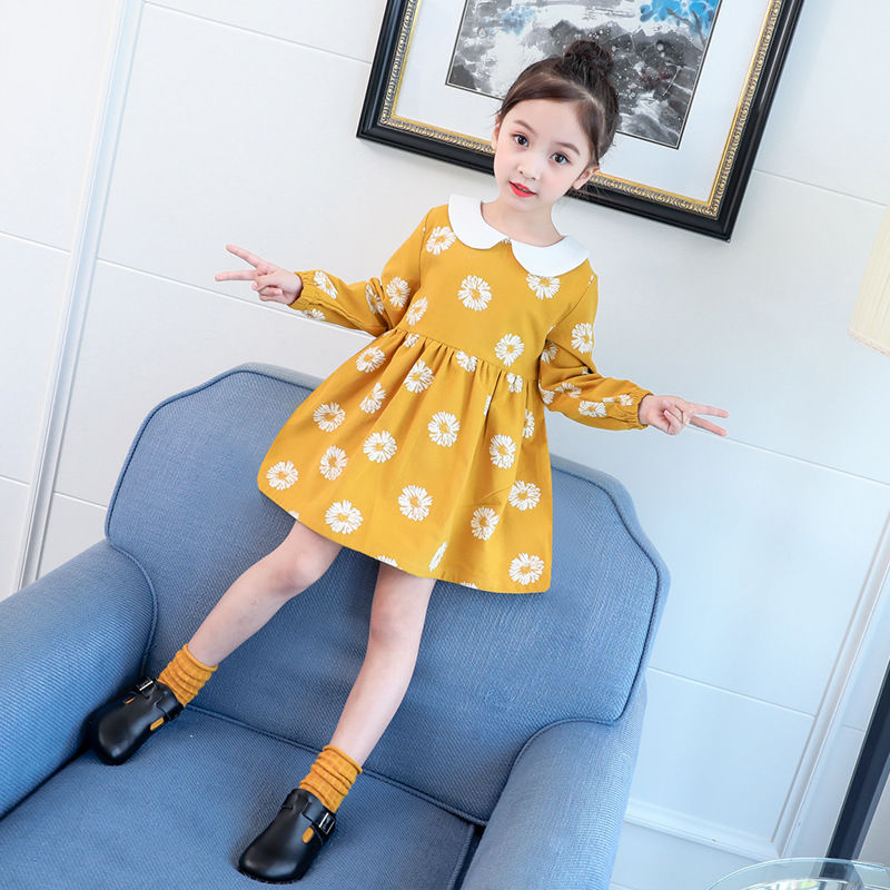 Girls spring and autumn dress flowers, new korean version doll collar long sleeve princess skirt, middle and big children's skirt shirt, children