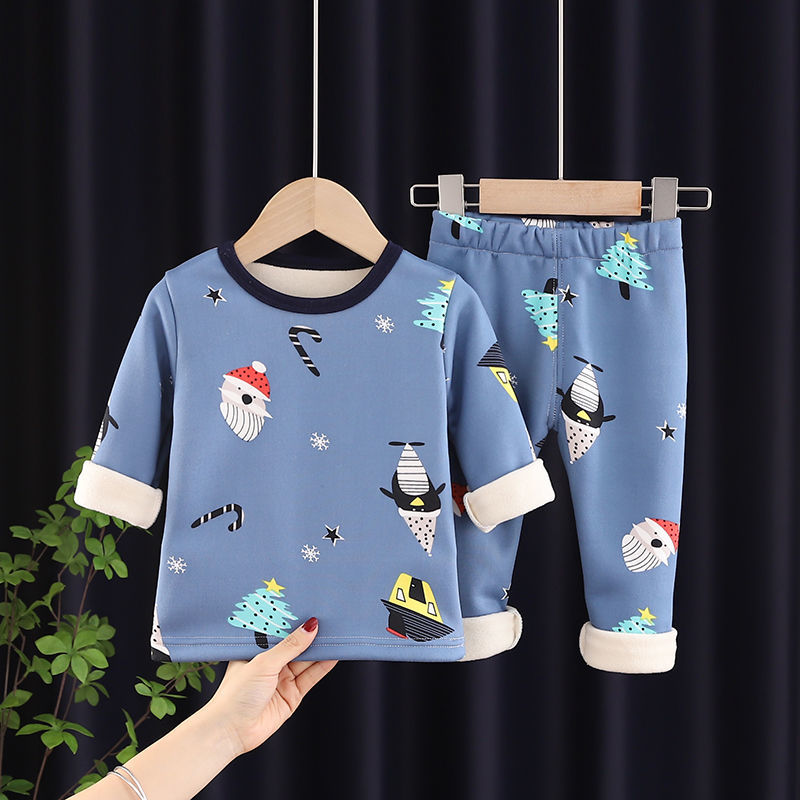 P children's thermal underwear set fleece thickened boys and girls long johns baby pajamas children's underwear winter