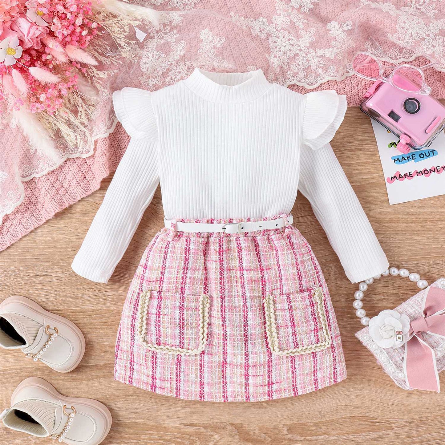 Small and medium-sized children's autumn set and winter trendy girl fashion small fragrant style high neck top plaid coarse woolen short skirt belt three piece set