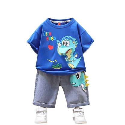 P Boy's Summer Clothes Set 2024 New Foreign Style Children's Thin Short Sleeve Clothes Handsome Boy Bomb Street Summer Children's Clothes