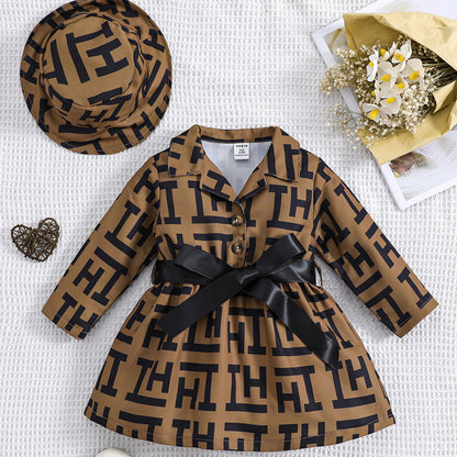 P Autumn Baby Girl Children's Clothing Letter Printing Fashion Casual Girl Baby Dress + Hat