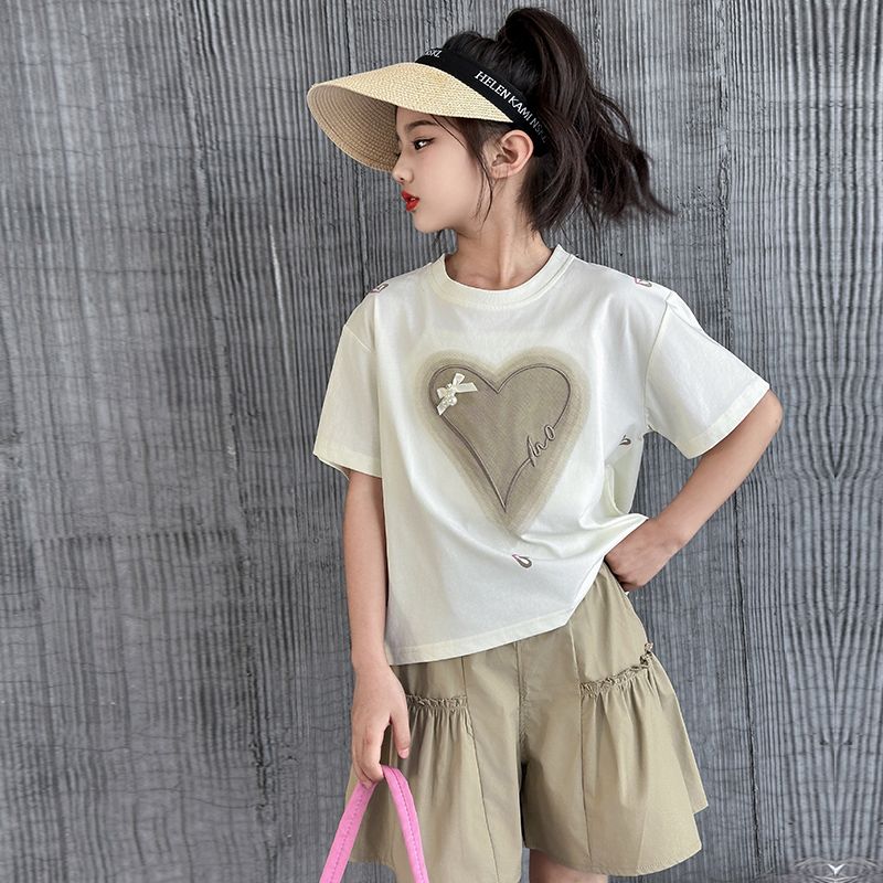 P Girls Summer Short sleeved Set 2024 New Chinese and Big Children's Fashionable Love and Fashion Girl Trendy Two Piece Summer Set