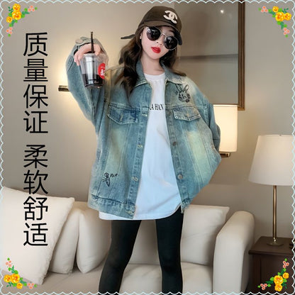 P girls denim jacket spring and autumn models middle-aged and older children's soft loose Korean version of girls denim clothes foreign style Internet celebrity hundred