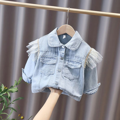 p Girls' spring denim jacket 2024 spring and autumn new baby Korean version of the foreign fashionable top for baby girls casual trend