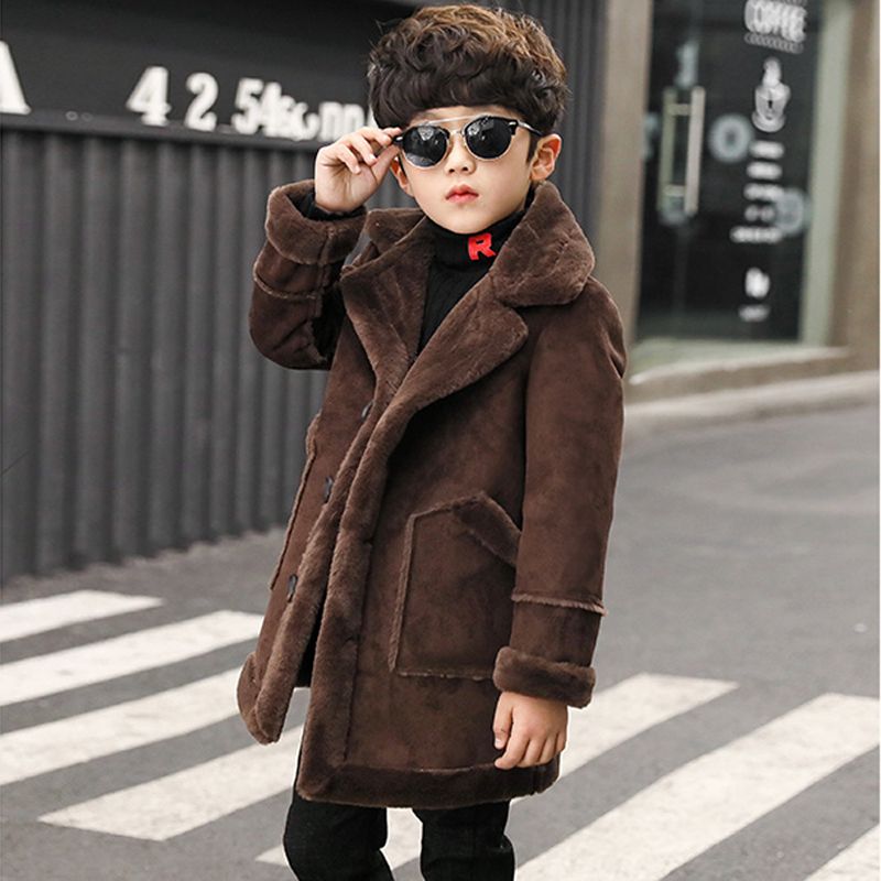 Boys' woolen coat mid-length 2023 new autumn and winter children's stylish fur one-piece handsome thickened coat