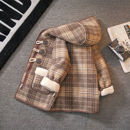 Boys' woolen coat autumn and winter plus velvet thickened one-piece velvet plaid coat