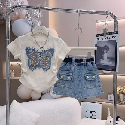 P Girls' Summer Suit 2024 Summer New Children's Foreign Style Short Sleeve T-Shirt Casual Internet Celebrity Denim Skirt Two-piece Set