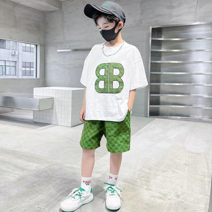 P single/suit boy summer short sleeve suit 2024 new Zhongda children boy online celebrity fashionable summer tide.